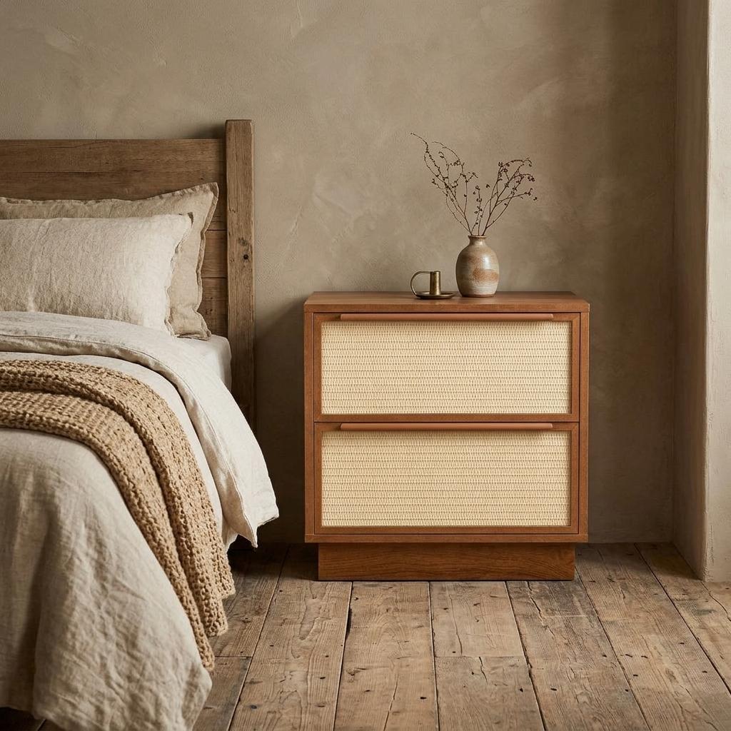 772548 22 in. Oak Wood Woven Texture Two Drawer Nightstand