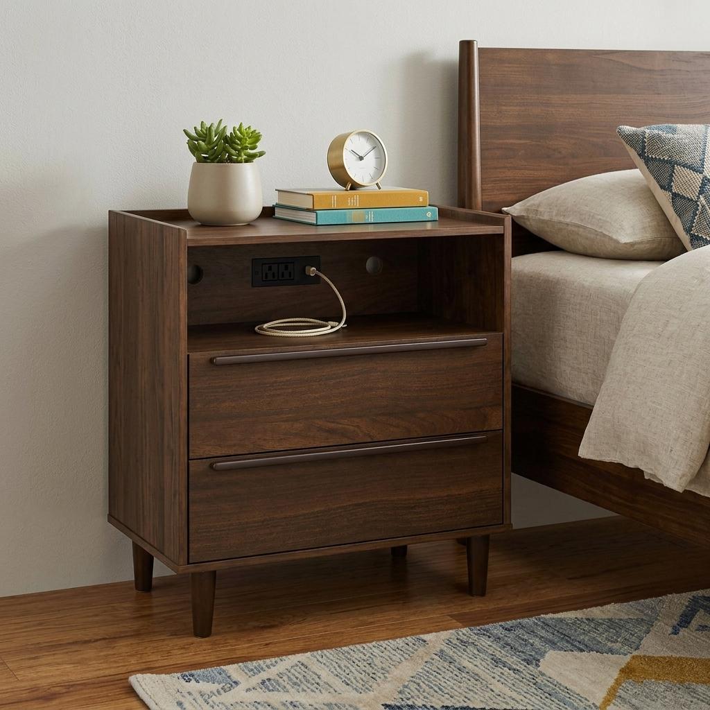 772568 26 in. Espresso Wood Two Drawer Nightstand with USB Port & Integrated Tech