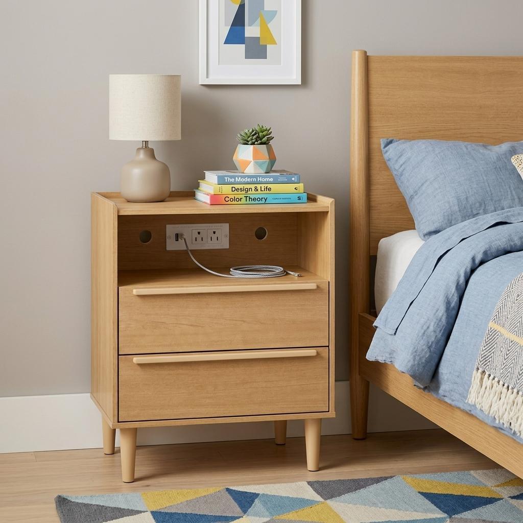 772569 26 in. Oak Wood Two Drawer Nightstand with USB Port & Integrated Tech
