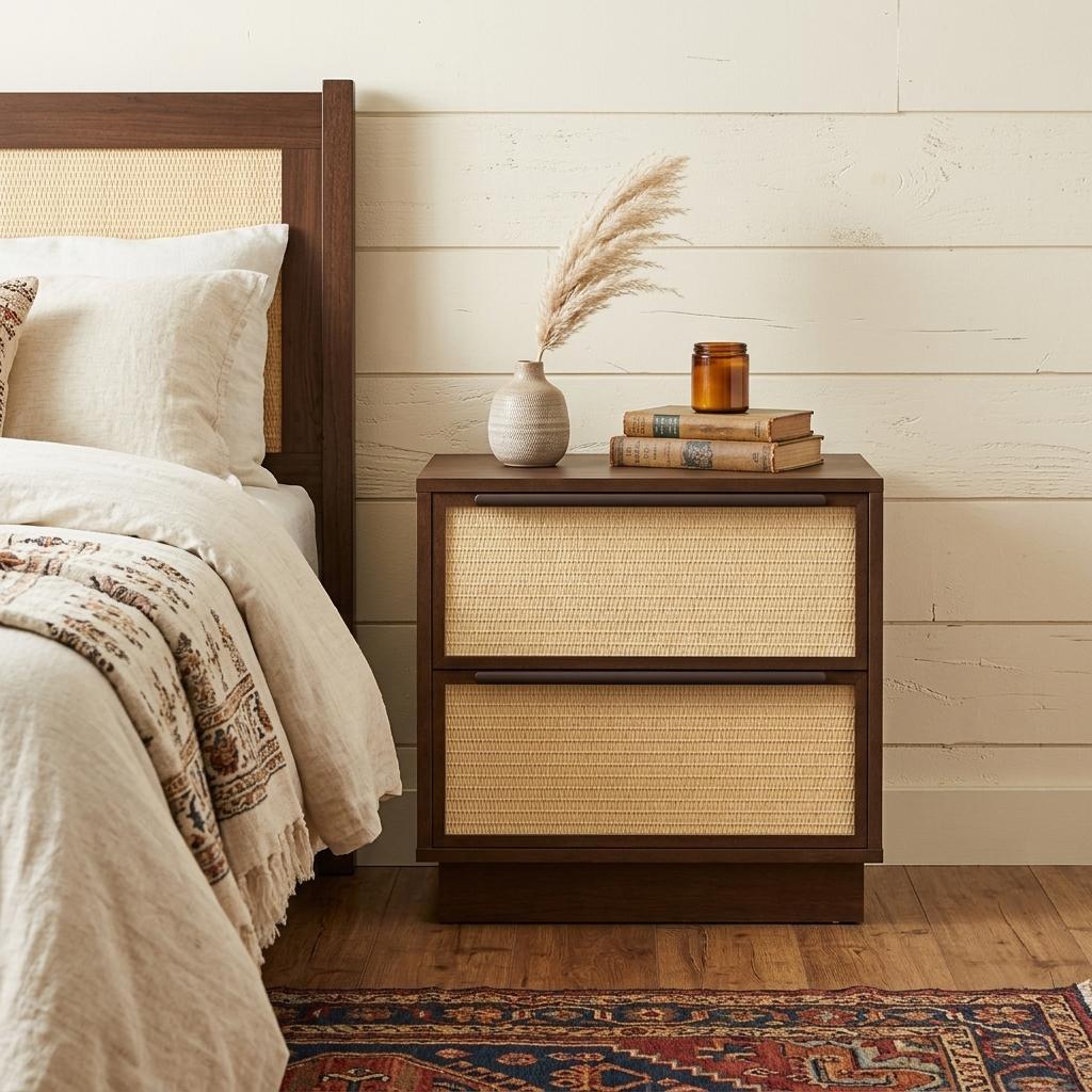 772547 22 in. Walnut Wood Woven Texture Two Drawer Nightstand