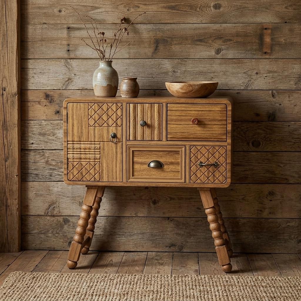 712210 32 in. Sepia Solid Wood Console Accent Cabinet with Single Door & Four Drawers