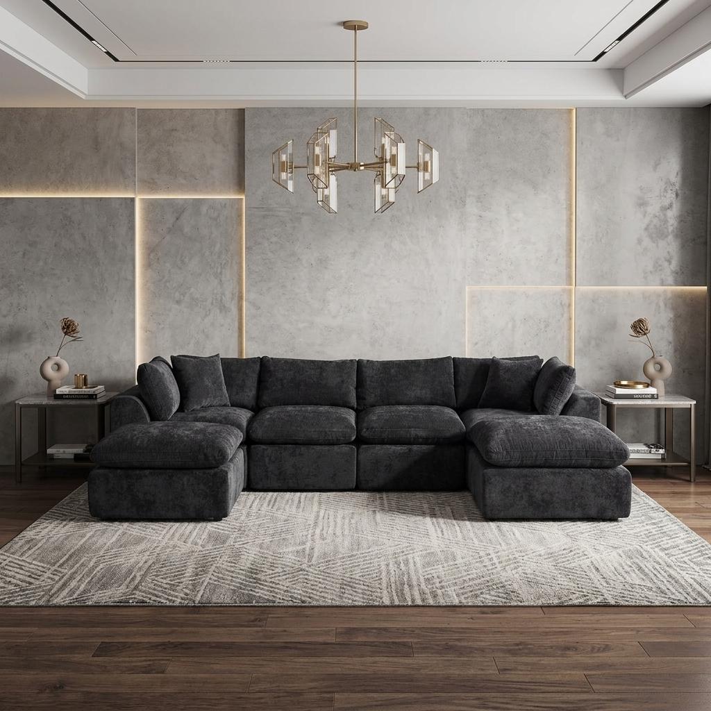 754773 140 in. Black Chenille Modular Sofa with Ottoman & Toss Pillows