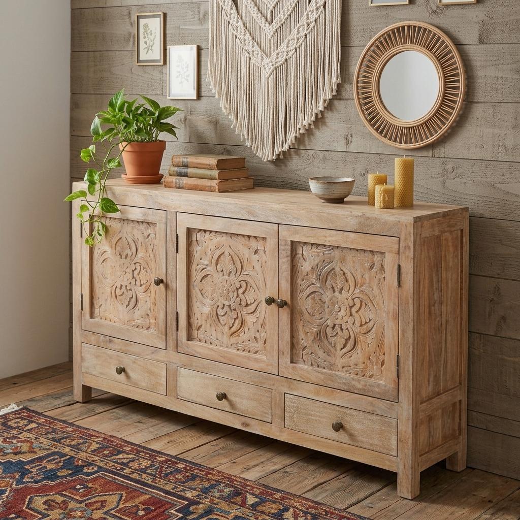 606268 64 in. Natural Solid Wood Carved Floral Three Drawer Sideboard with Three Doors