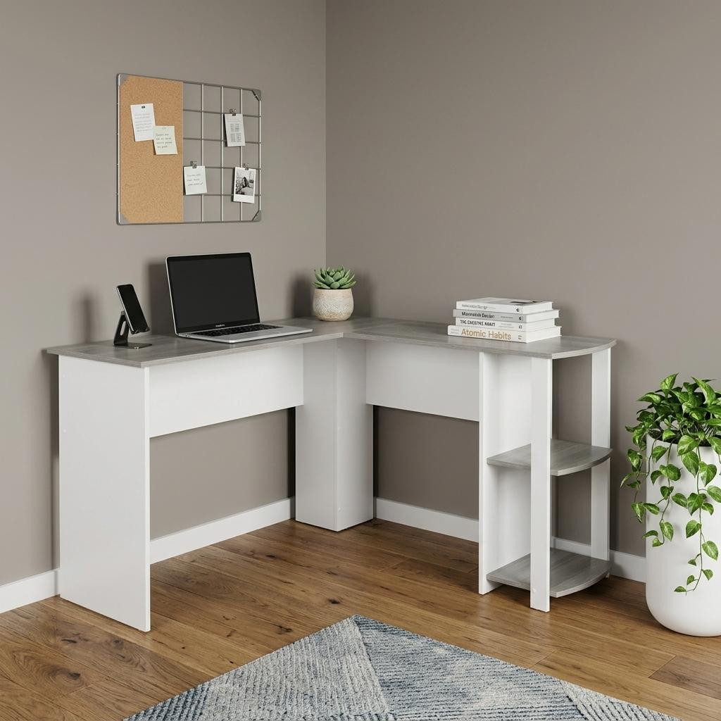 723779 54 in. White & Gray Wood L Shape Computer Desk