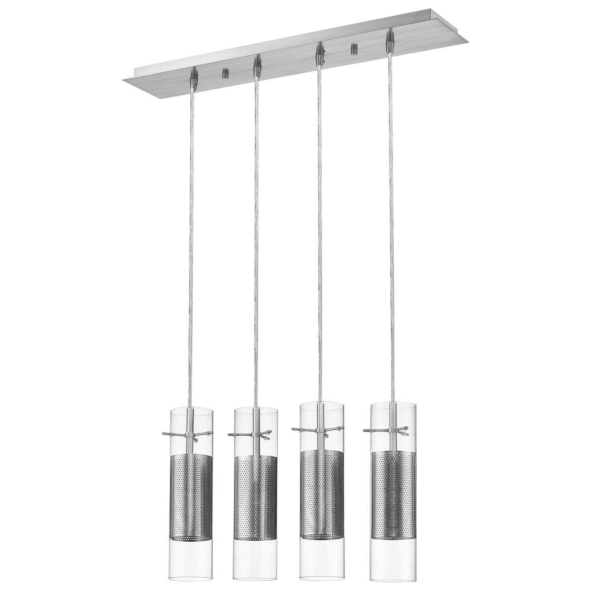 Picture of HomeRoots 398301 12 x 27.5 x 5 in. Scope 4-Light Brushed Nickel Pendant Double Glass & Mesh Shades