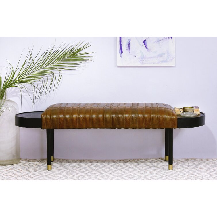 391925 Leather & Solid Wood Bench, Warm Brown