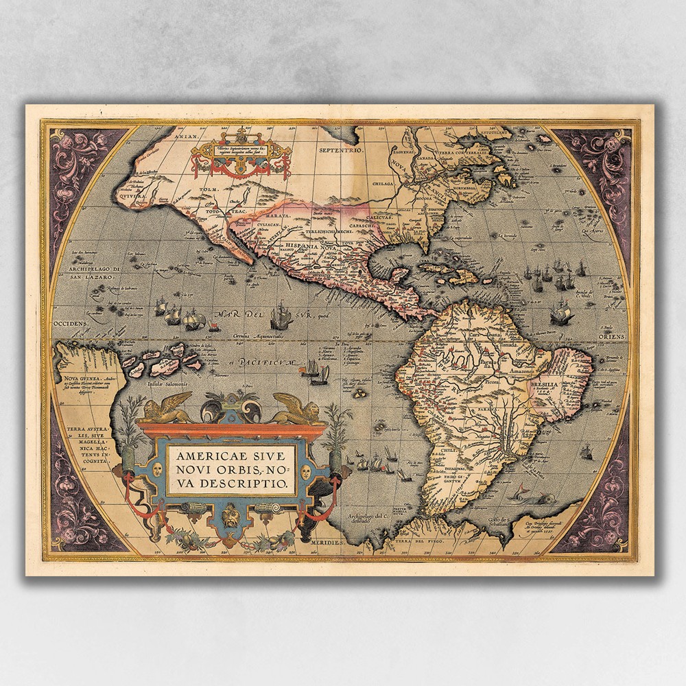 24 x 32 in. Vintage 1598 Map of the Americas Multi Color Wall Art