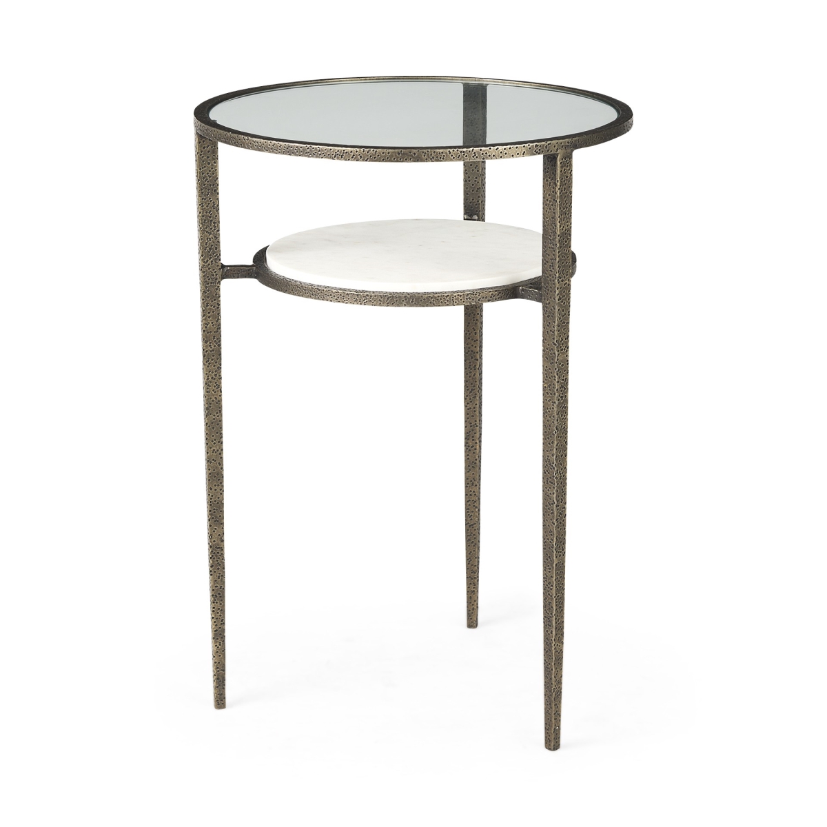 Updated Rustic Glass & Marble End Table, Antiqued Gold