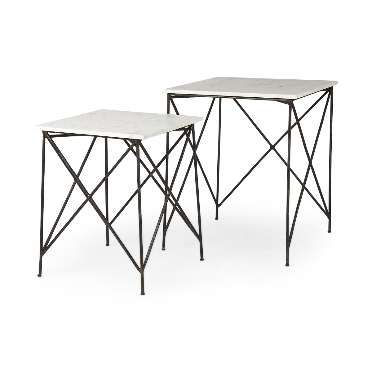 393198 Antiqued Angular Metal & Marble End Table, Black & White