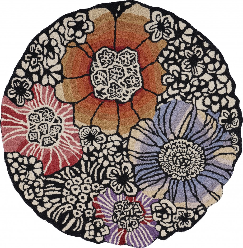 4 ft. Round Red & Black Floral Area Rug