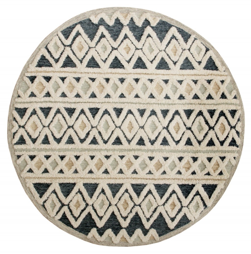 396174 4 ft. Round Blue & Cream Stripe Diamond Area Rug