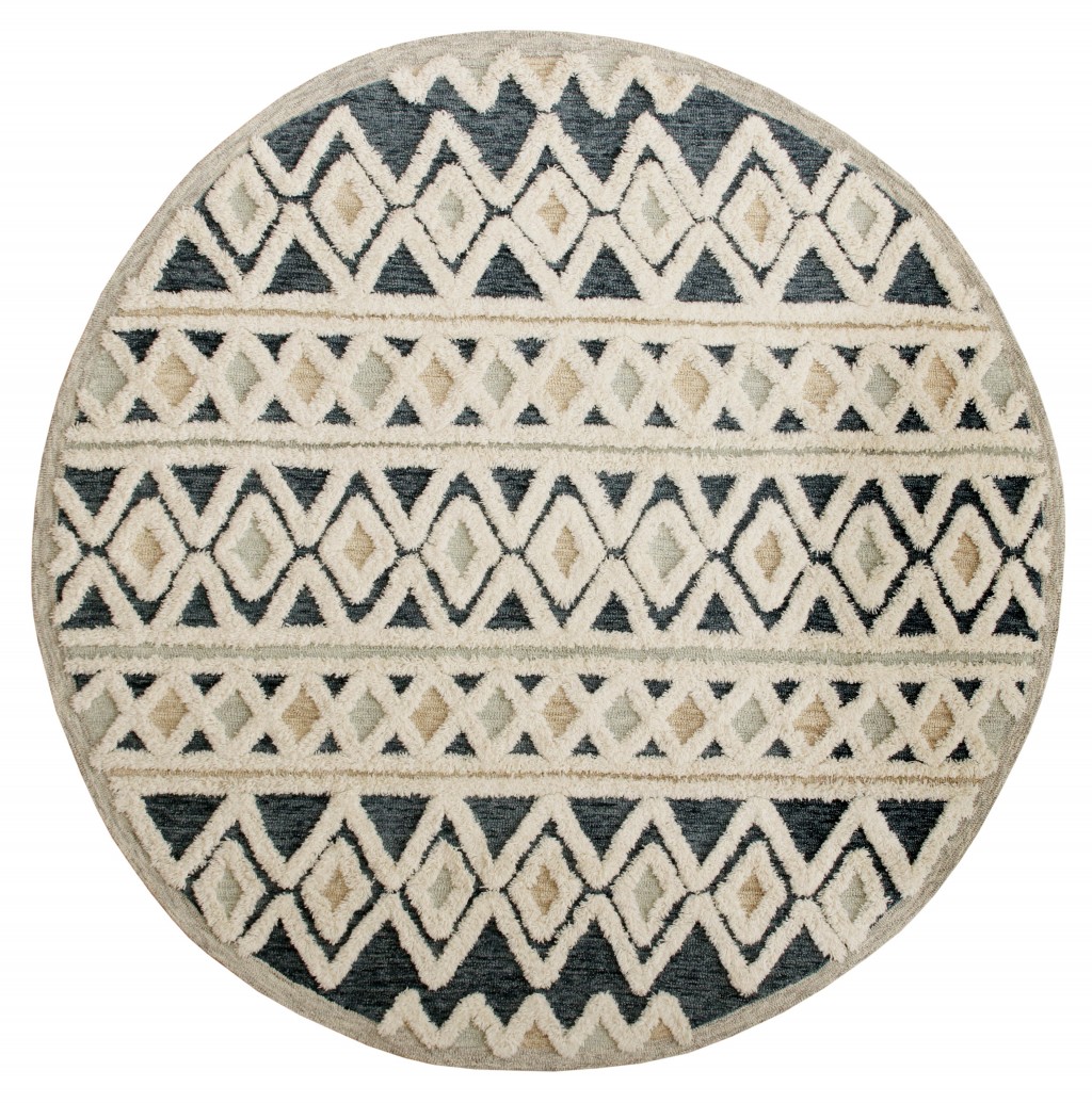 6 ft. Round Blue & Cream Striped Diamonds Area Rug - Blue Cream - 6'