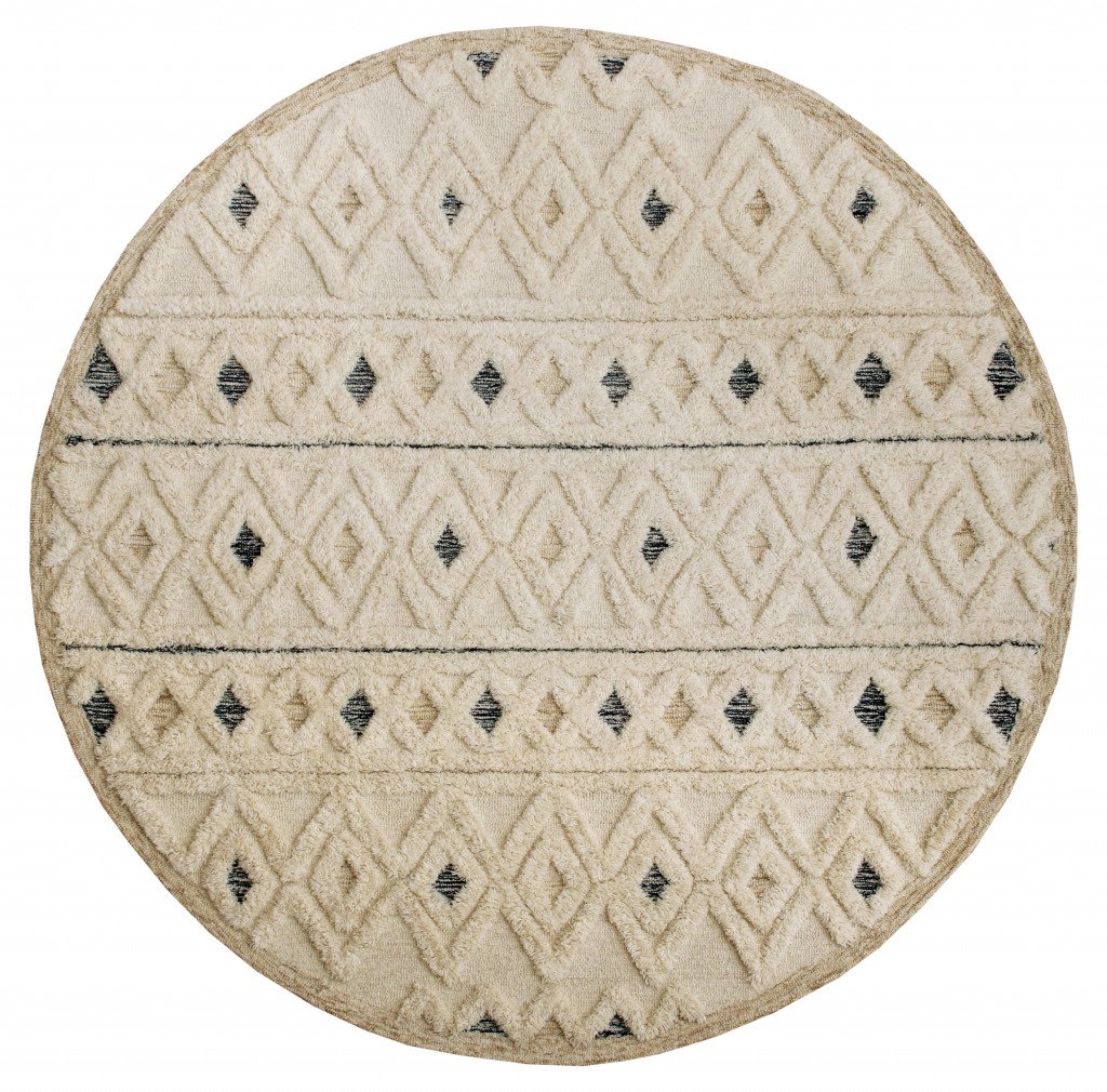 6 ft. Round Cream & Blue Striped Diamonds Area Rug