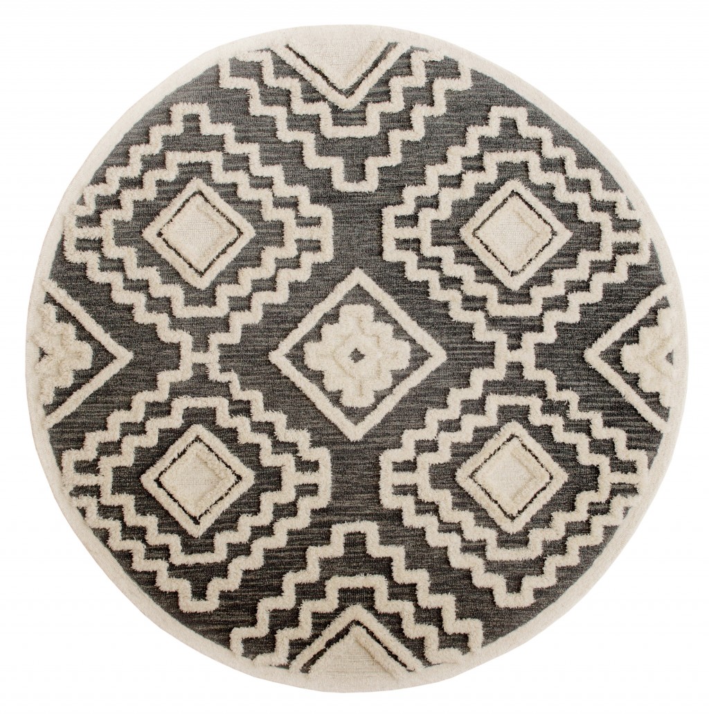 4 ft. Round Gray & Cream Geometric Area Rug