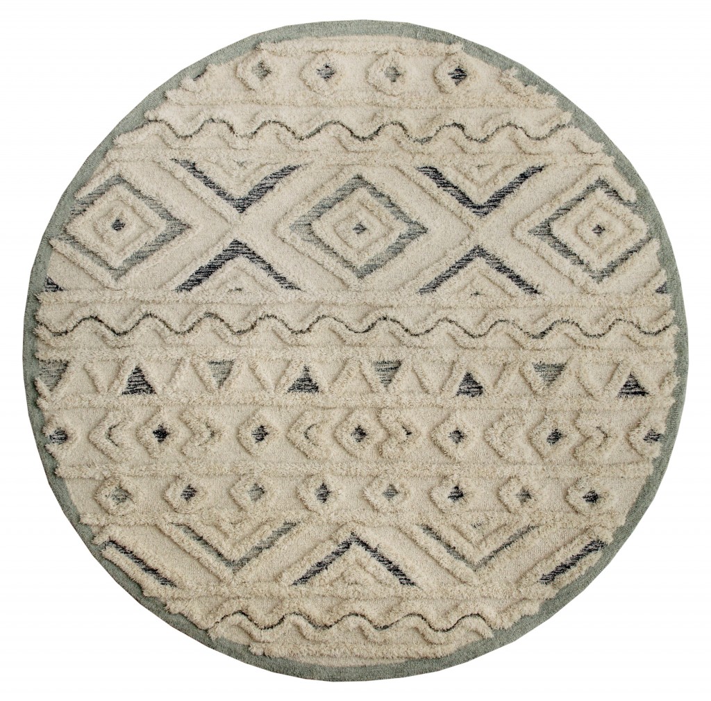 6 ft. Round Cream - Blue & Gray Modern Geometric Area Rug