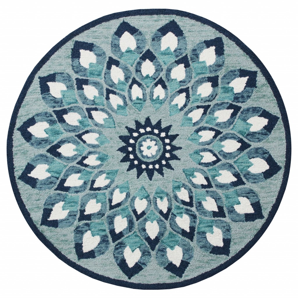 4 ft. Round Blue & White Floral Feather Area Rug