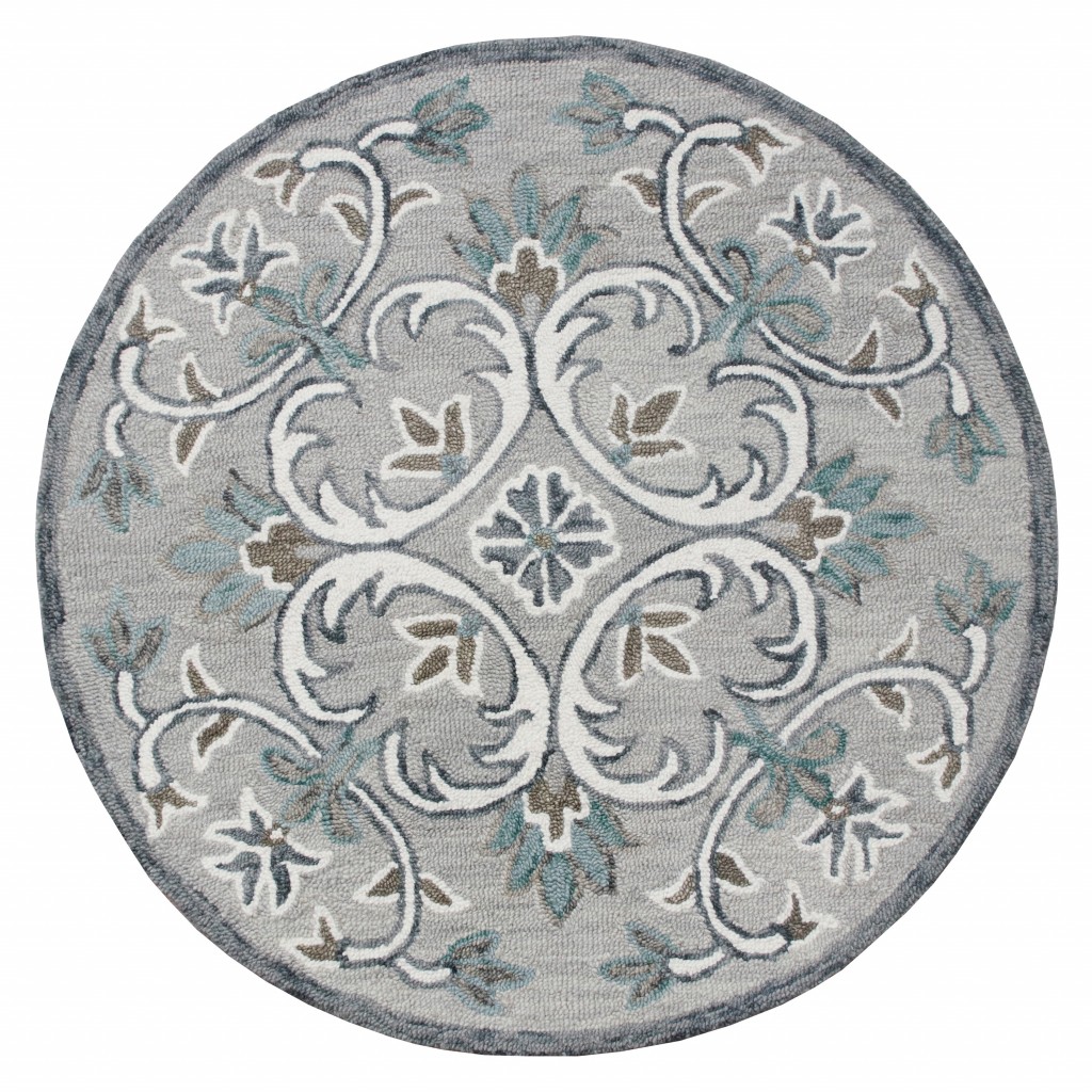 6 ft. Round Gray & White Filigree Area Rug
