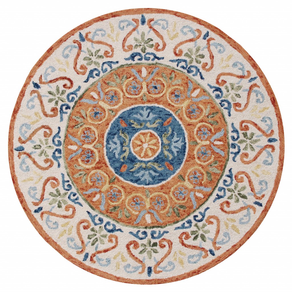 4 ft. Round Multi Color & Orange Traditional Medallion Area Rug