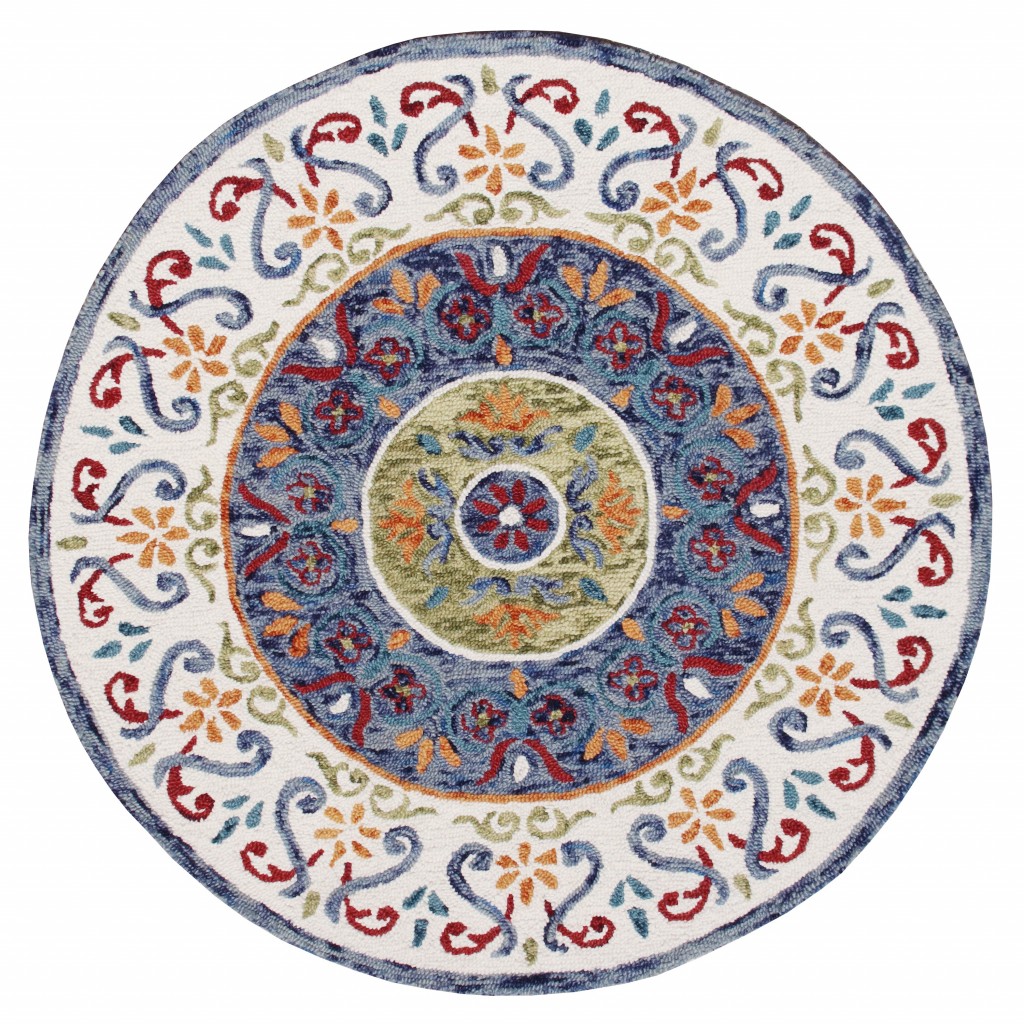 4 ft. Round Blue & White Ornate Medallion Area Rug