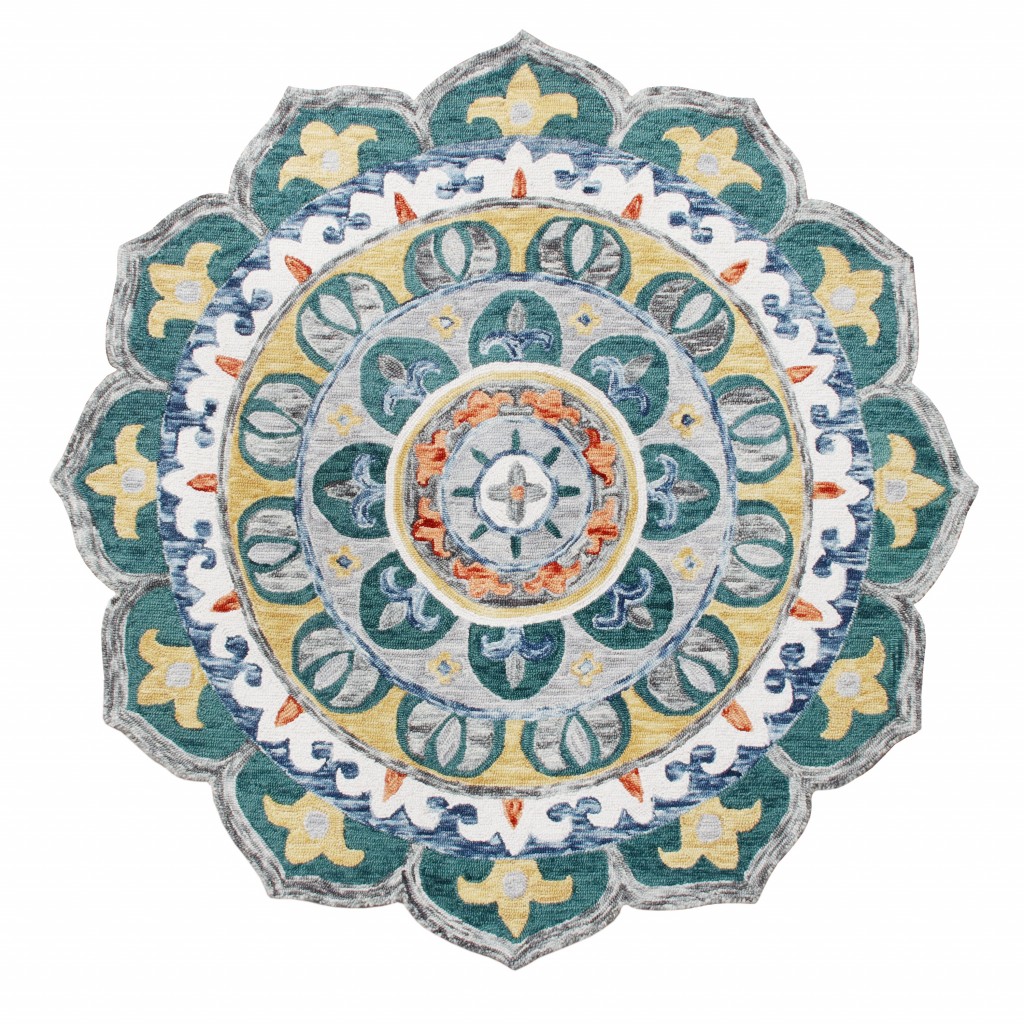 6 ft. Round Teal Floral Mandala Area Rug