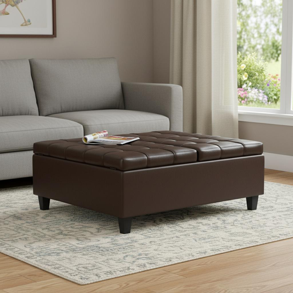 641695 40 in. Chocolate & Black Faux Leather Tufted Ottoman with Storage