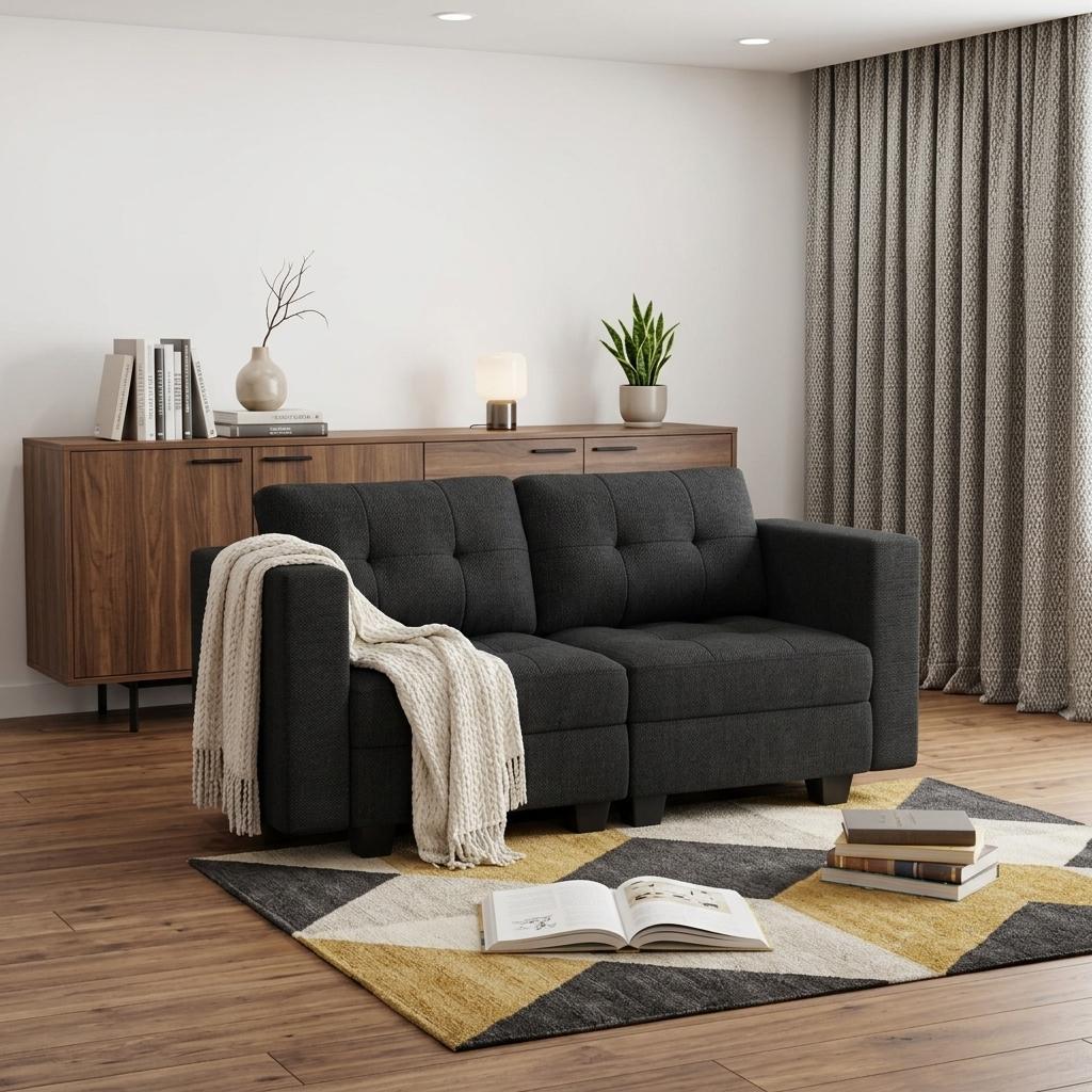 767181 64 in. Dark Gray & Black Linen Blend Modular Loveseat with Storage