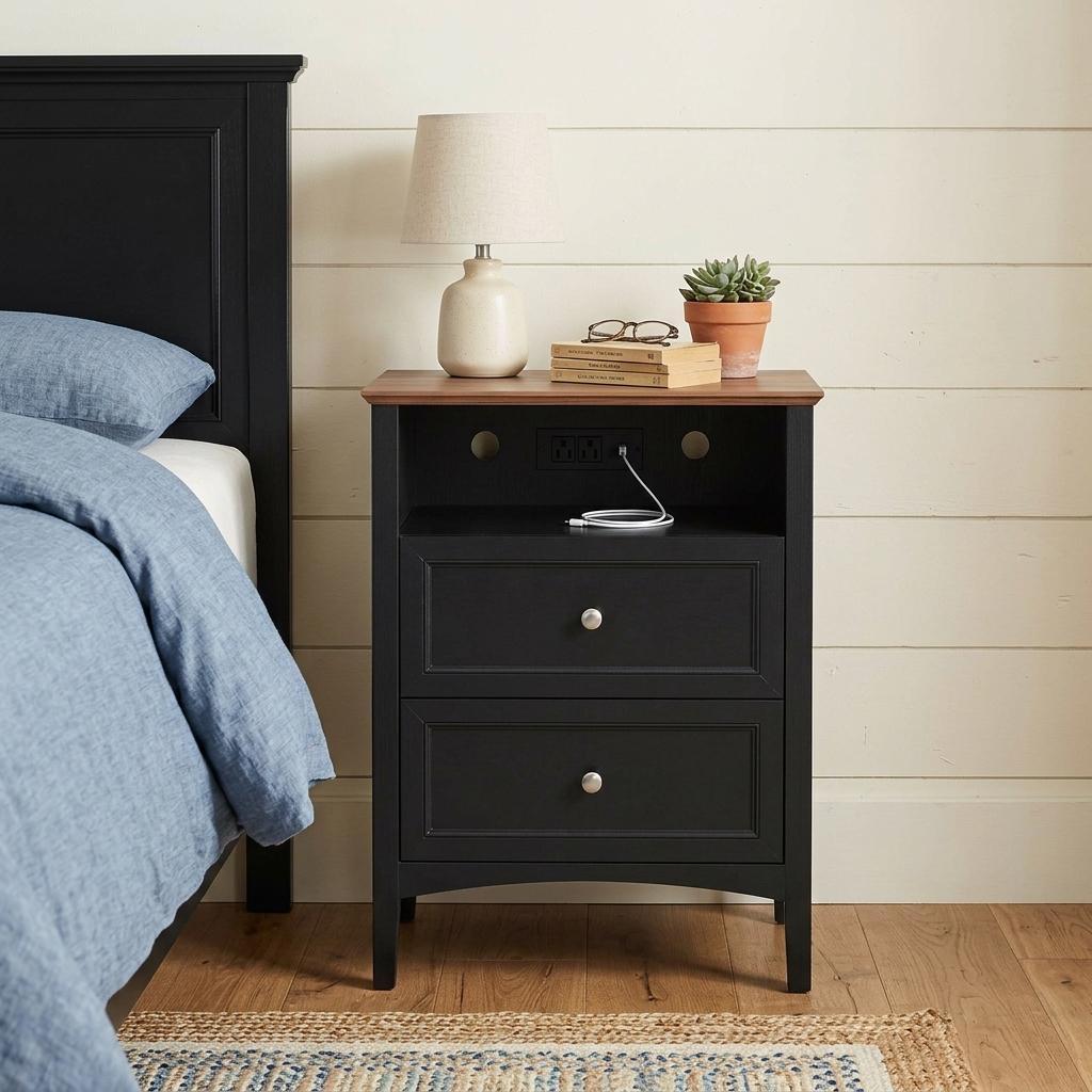 772578 26 in. Black Wood Two Drawer Nightstand with USB Port & Integrated Tech
