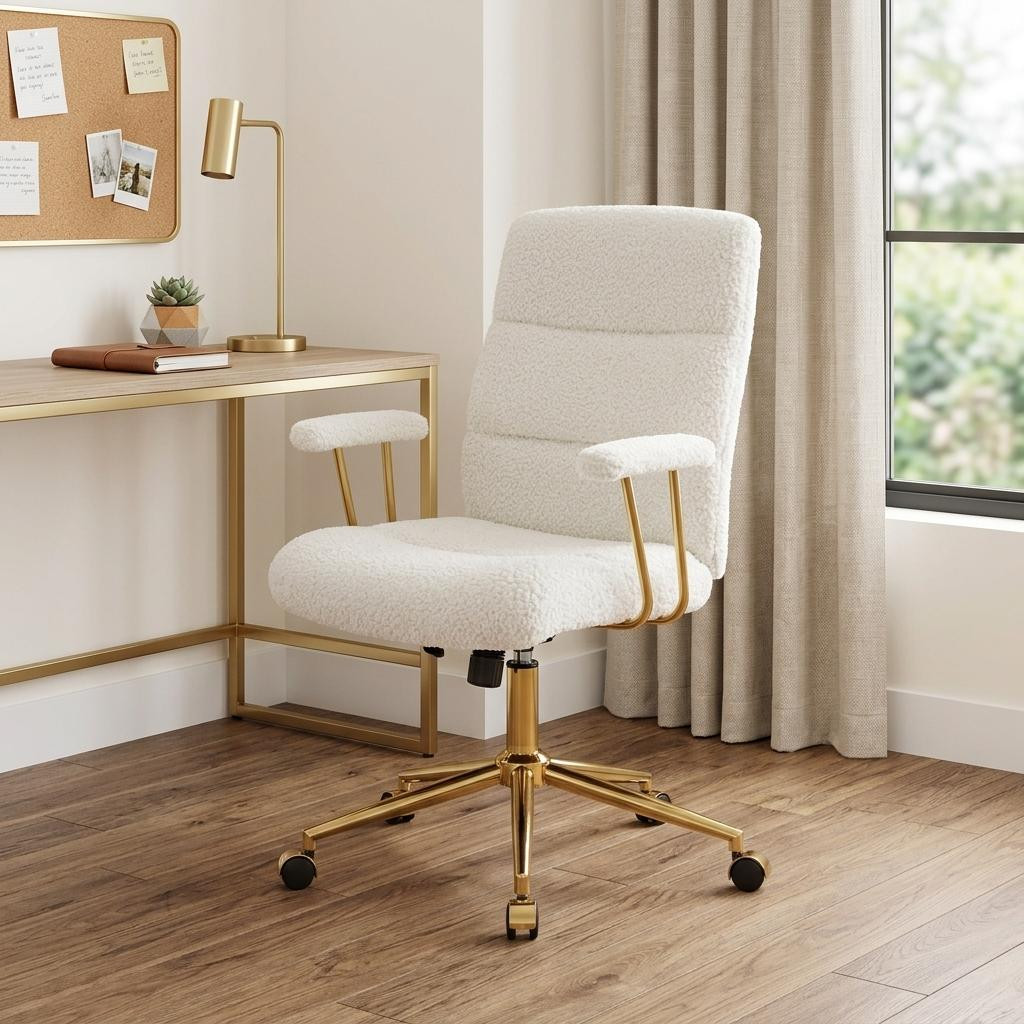 724220 White & Gold Boucle Swivel Rolling Executive Office Chair