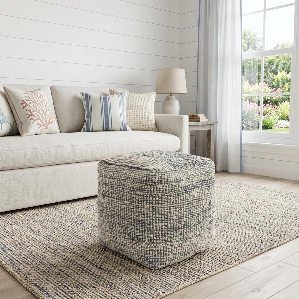 710429 18 in. Blue & Ivory Cotton Jute & Wool Striped Cube Pouf Ottoman