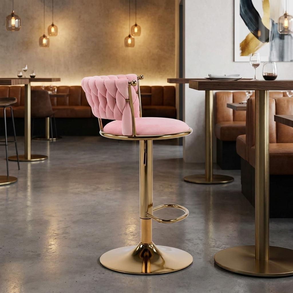 754777 Pink & Gold Velvet & Metal Low Back Adjustable Height Swivel Bar Chair