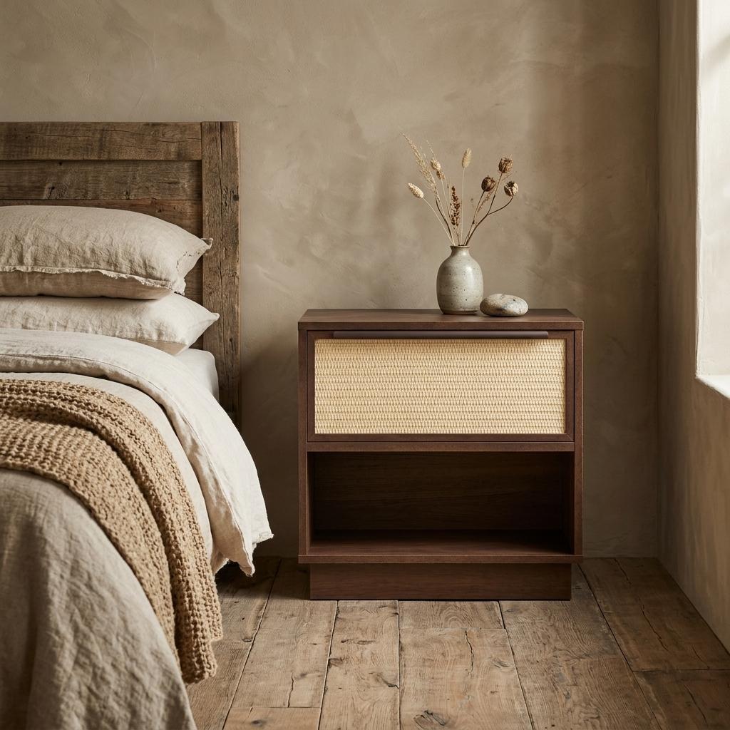 772549 22 in. Walnut Wood Woven Texture One Drawer Nightstand