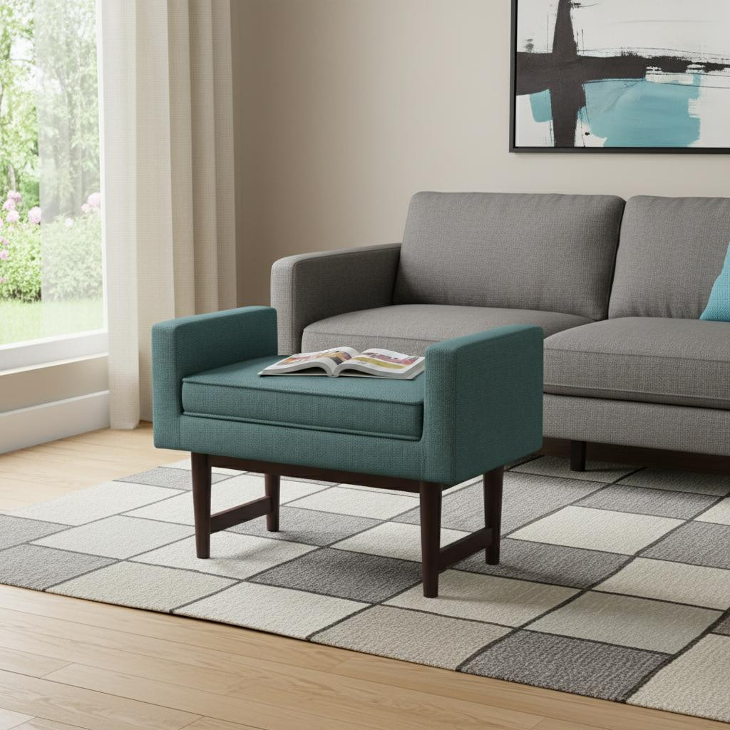 641723 29 in. Teal Blue & Walnut Linen Ottoman