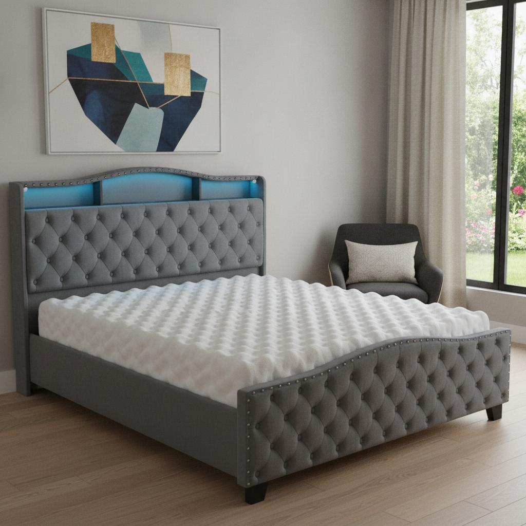 772602 Gray Tufted Velvet Upholstered King Size Bed Frame with Lights USB & Shelves