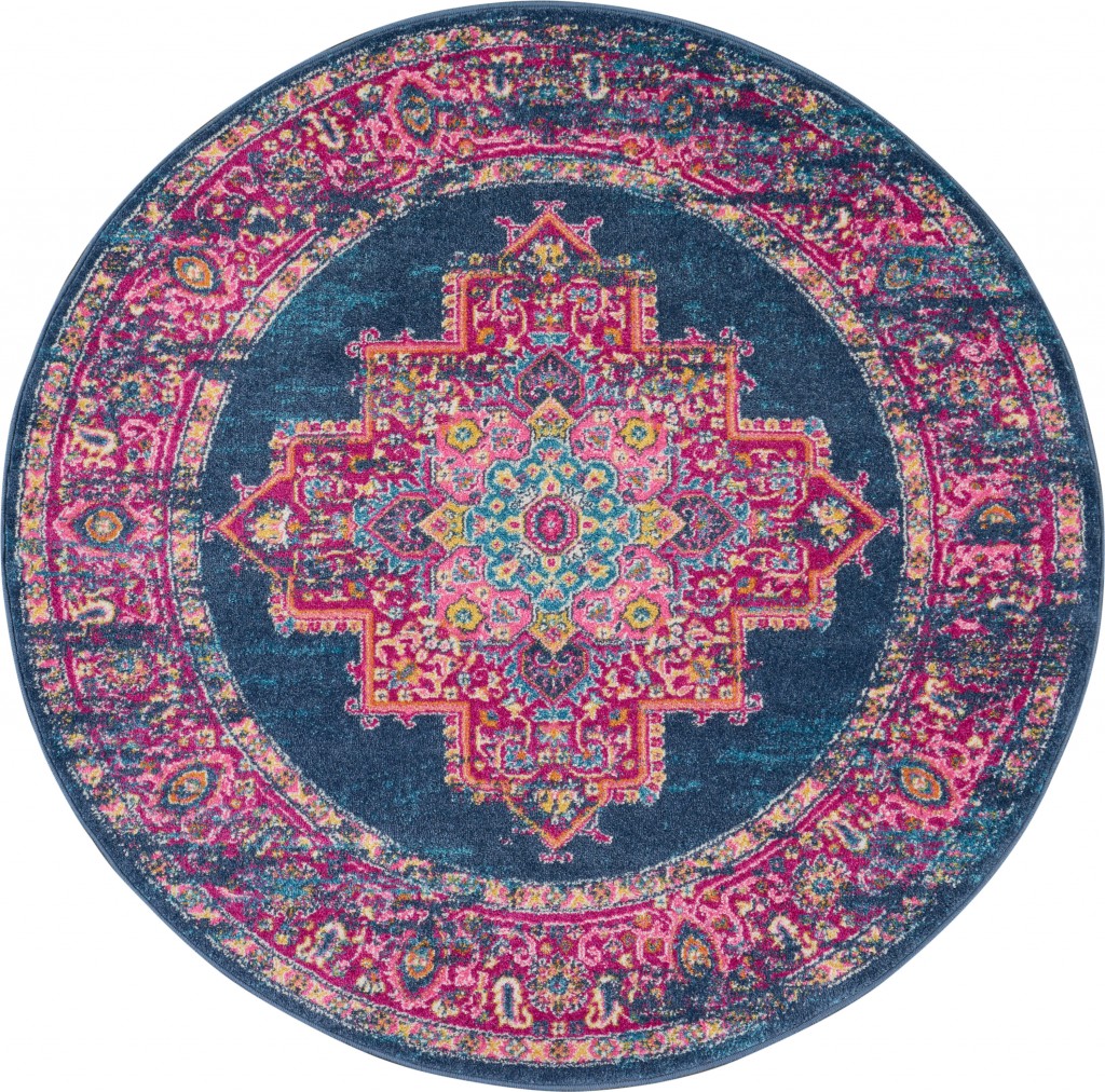 5 ft. Round Blue & Pink Medallion Area Rug