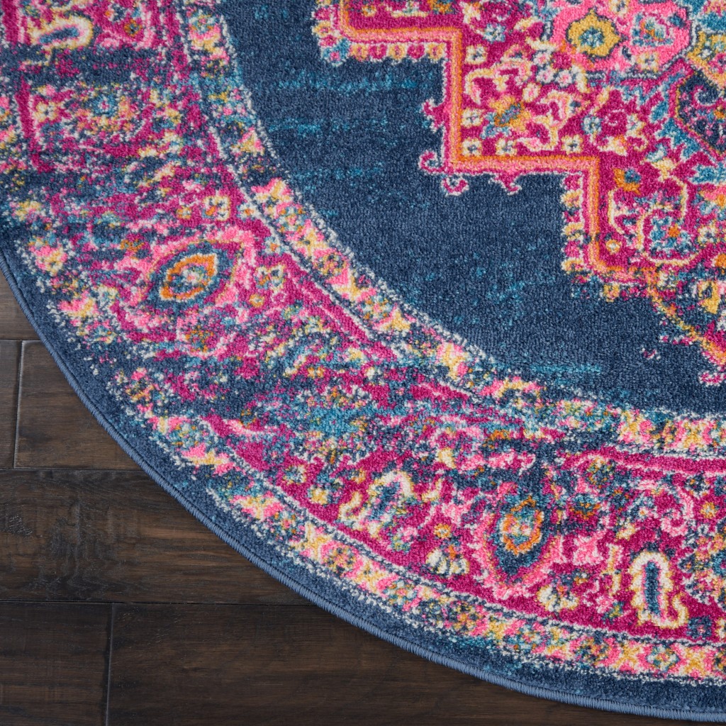 8 ft. Round Blue & Pink Medallion Area Rug