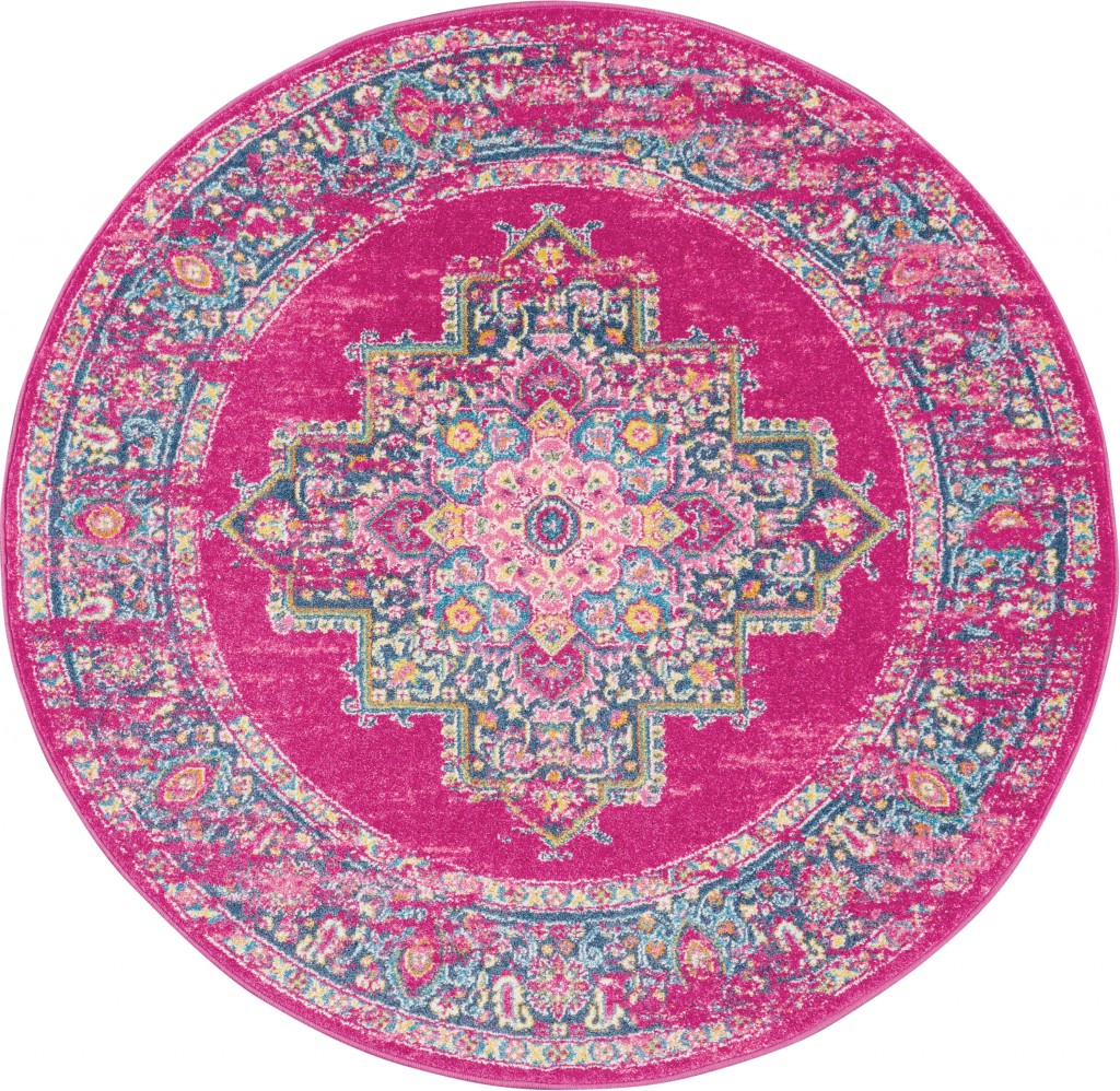 4 ft. Round Fuchsia & Blue Distressed Area Rug