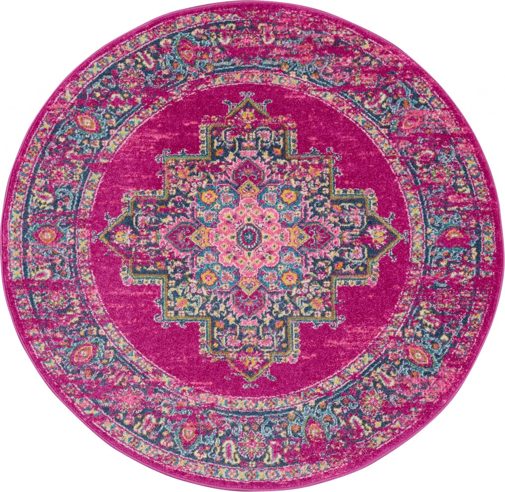 385263 5 ft. Round Fuchsia & Blue Distressed Area Rug