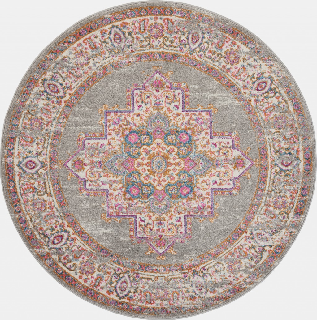 385267 4 ft. Round Gray & Gold Medallion Area Rug