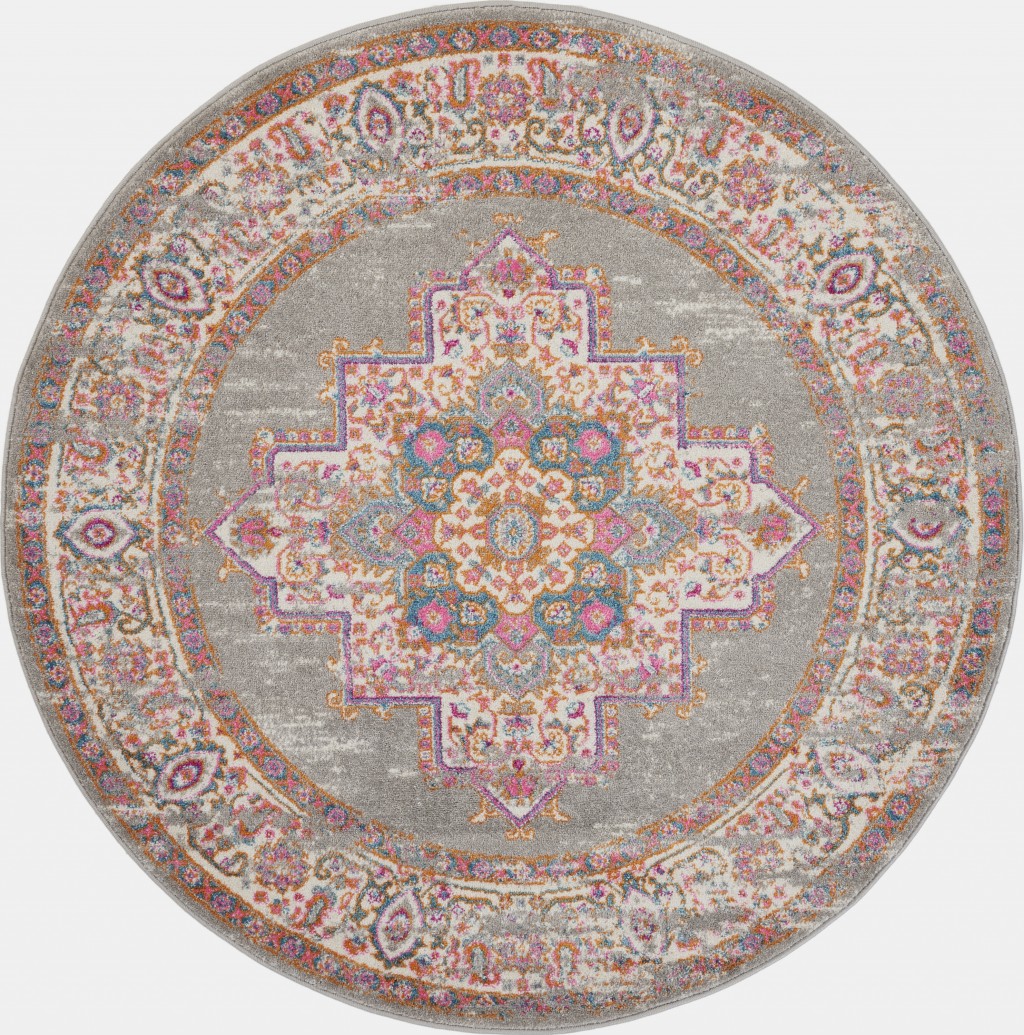 5 ft. Round Gray & Gold Medallion Area Rug