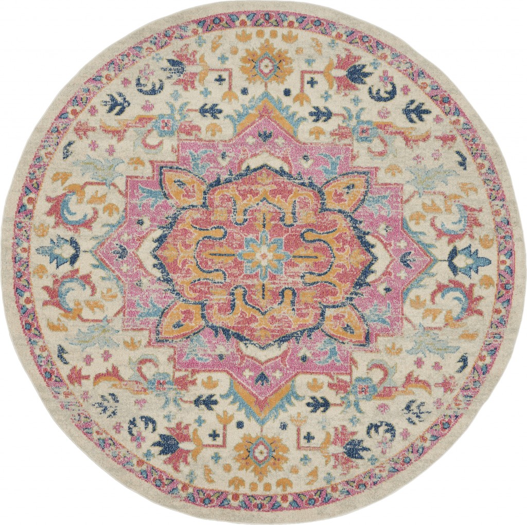 8 ft. Round Ivory & Pink Medallion Area Rug