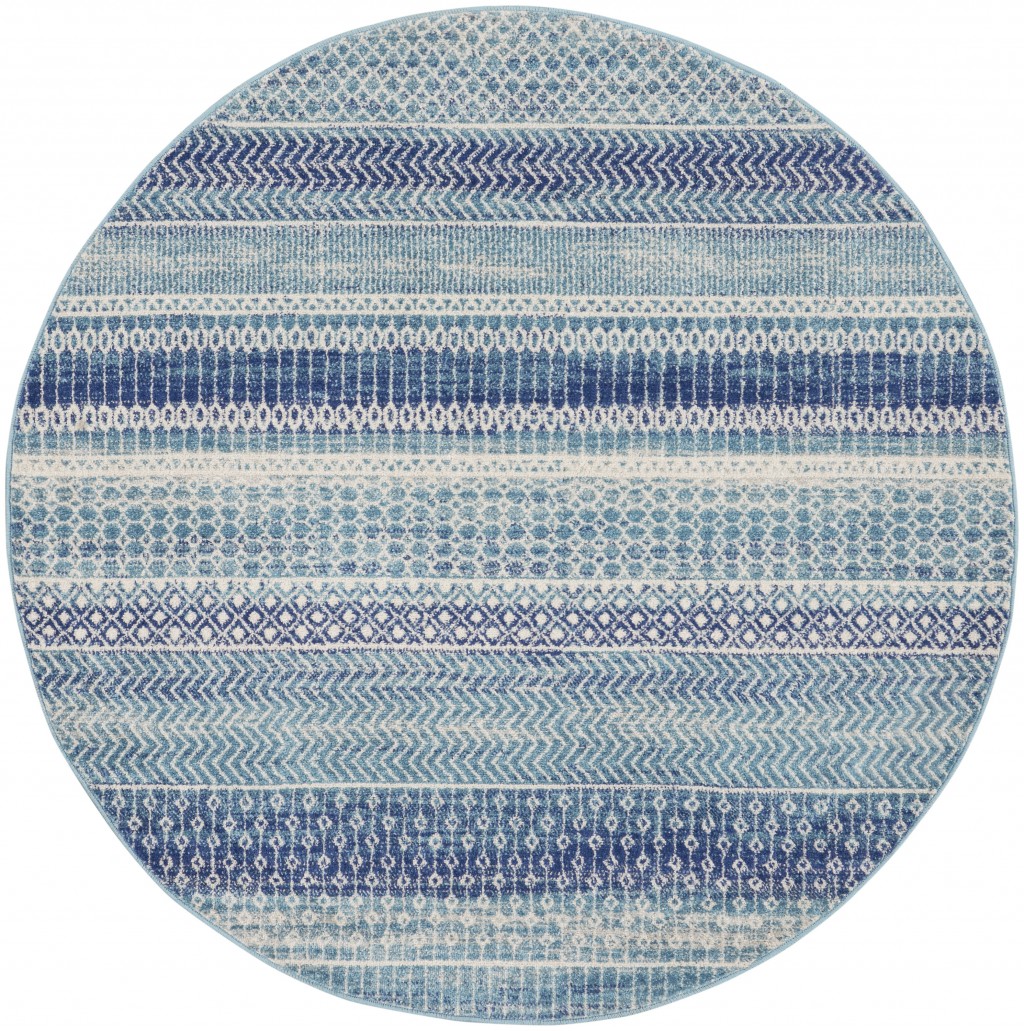 5 ft. Round Navy Blue Ornate Stripes Area Rug
