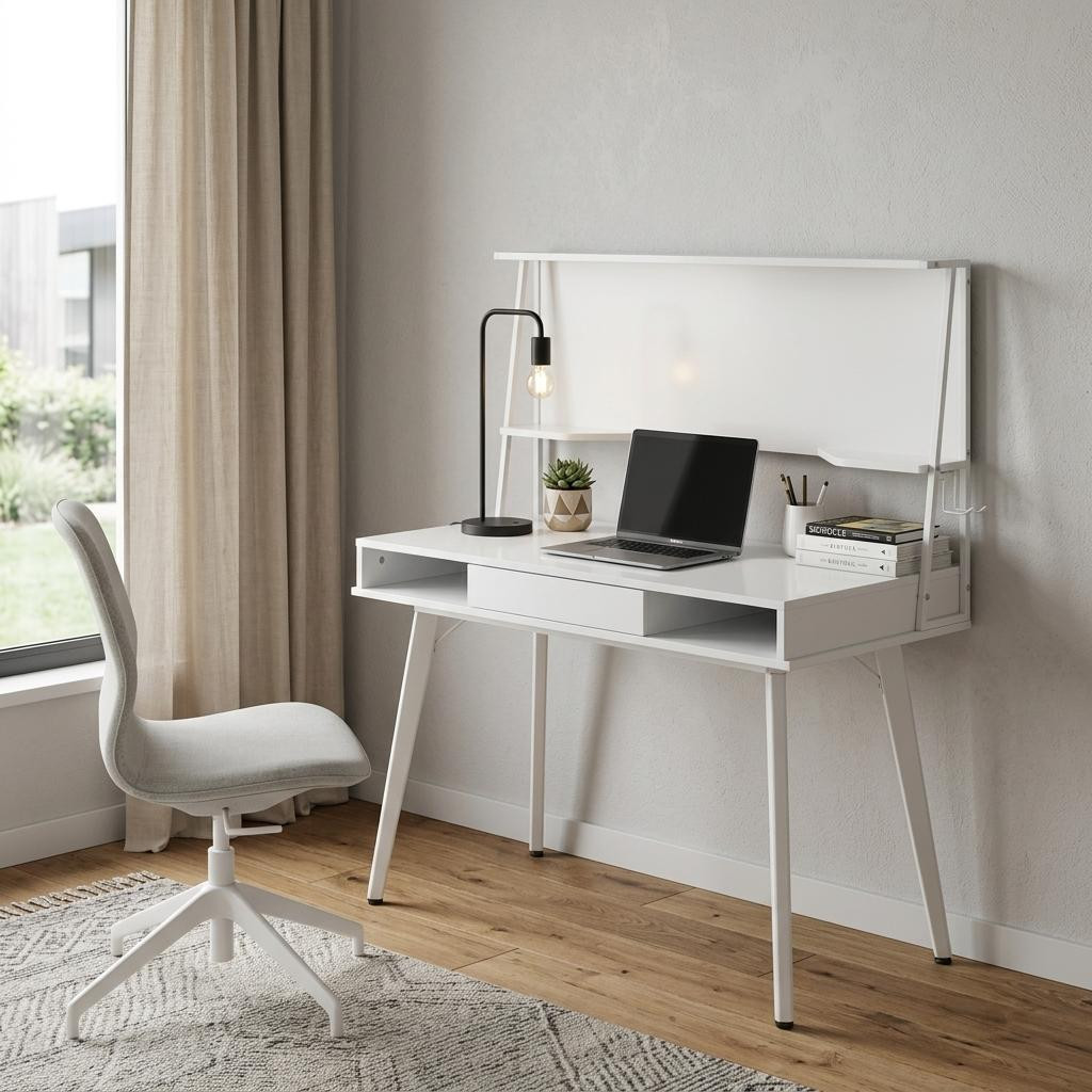 723737 47 in. White Wood Computer Desk with Magnetic Dry Erase Board