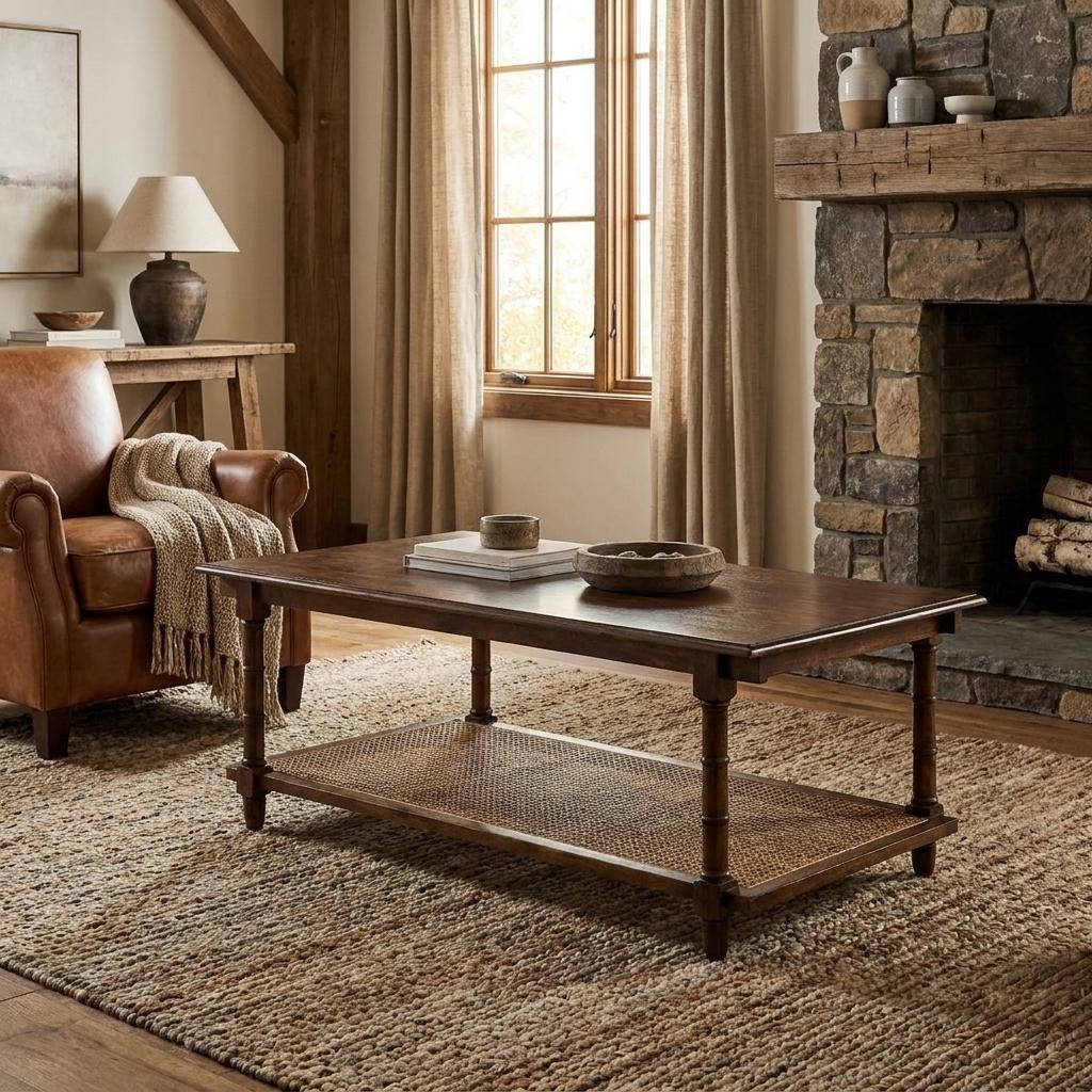 745444 42 in. Chestnut Solid Wood & Rattan Coffee Table