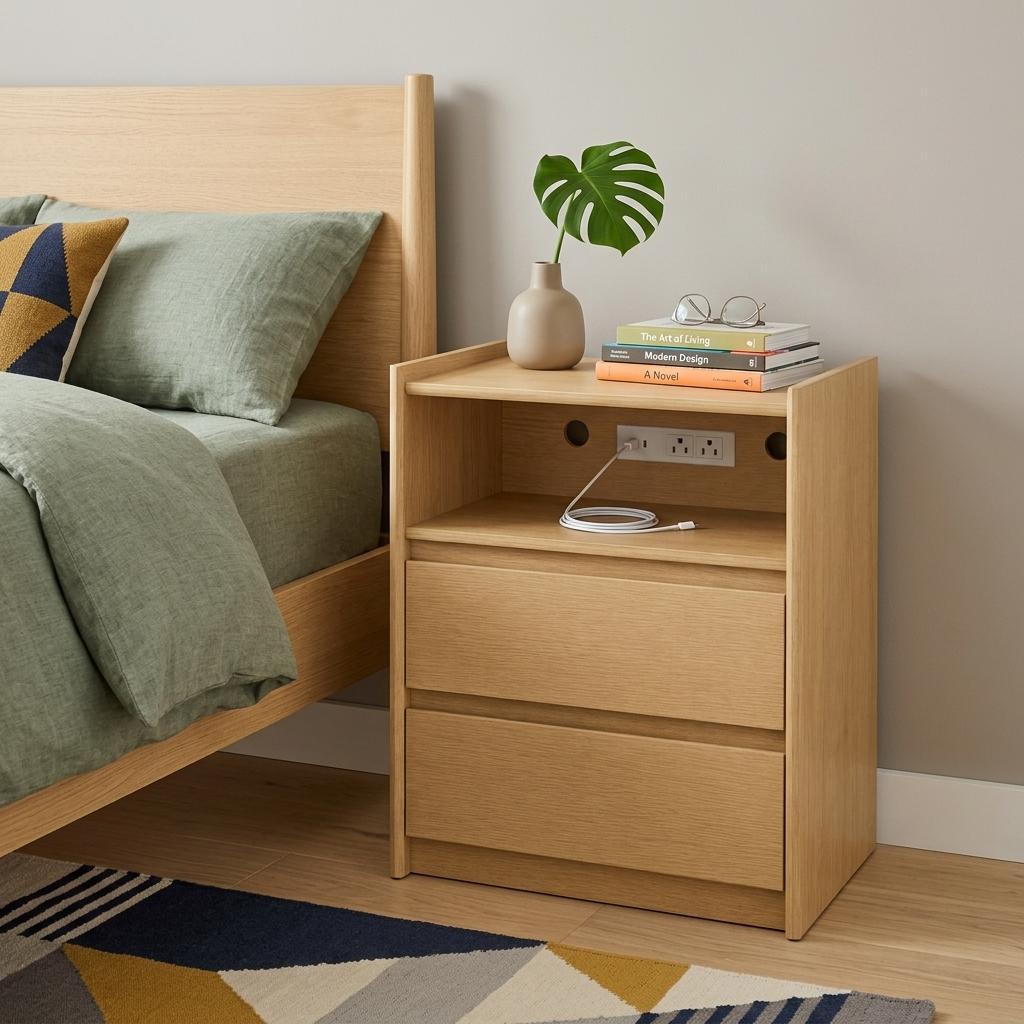 772558 24 in. Oak Wood Two Drawer Nightstand with USB Port & Integrated Tech