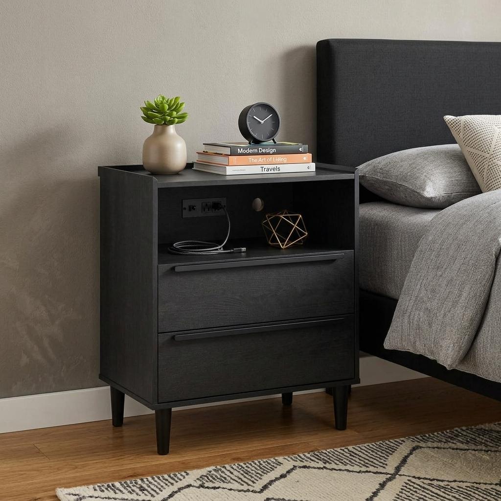 772567 26 in. Black Wood Two Drawer Nightstand with USB Port & Integrated Tech