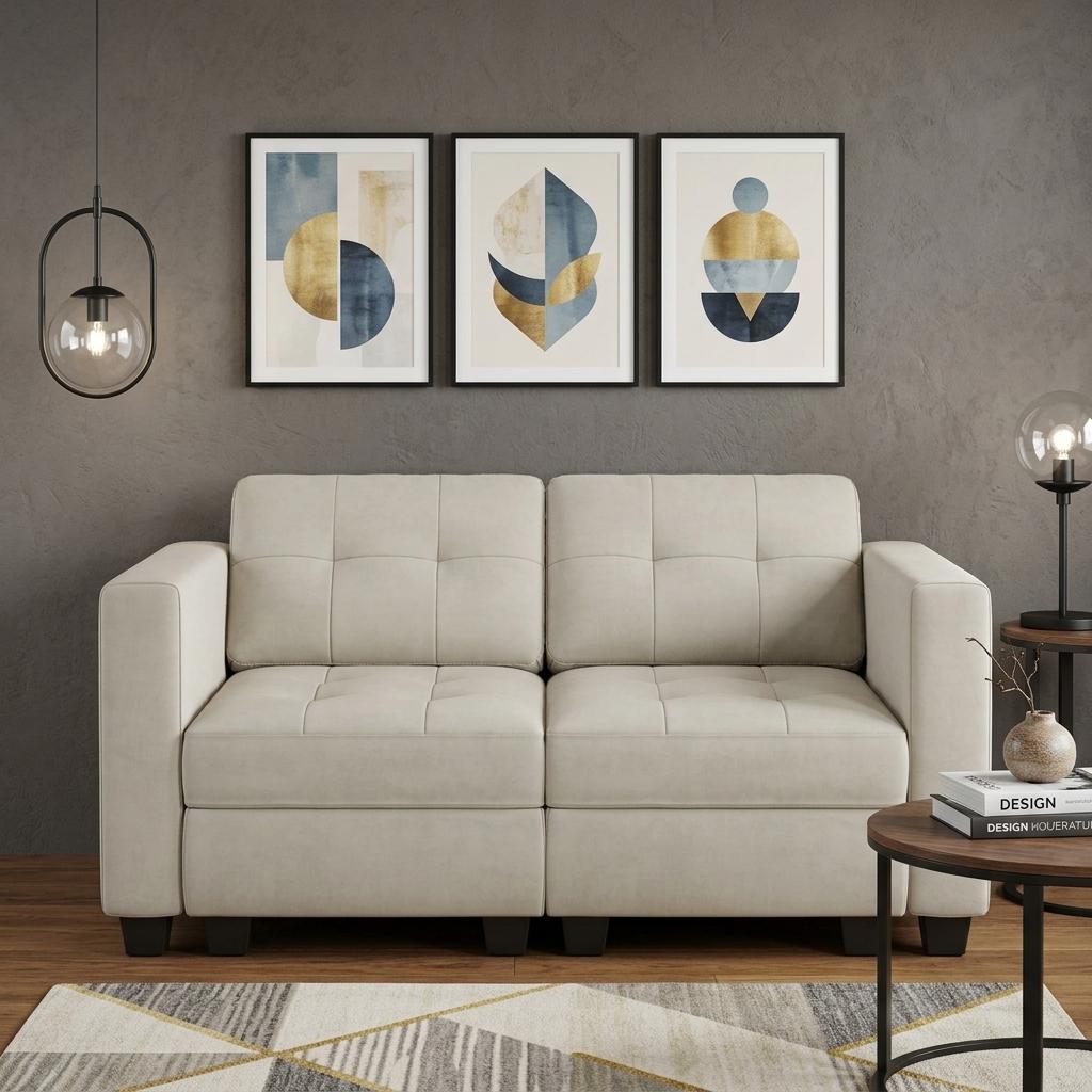 767185 64 in. Beige & Black Velvet Modular Loveseat with Storage
