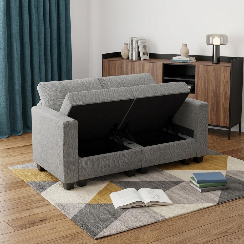 767183 64 in. Light Gray & Black Linen Blend Loveseat with Storage