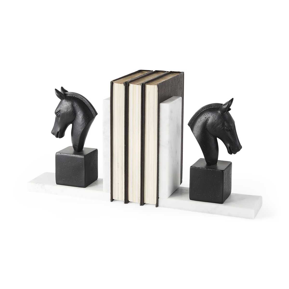 Picture of HomeRoots 392138 8.2 x 3.1 x 14.3 in. Black Stallion on White Marble Bookends - Black
