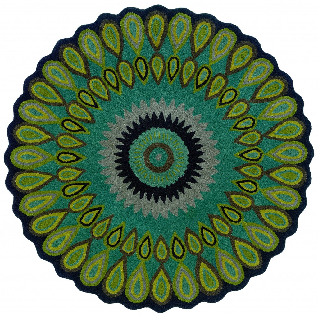 3 ft. Round Green Peacock Feather Area Rug