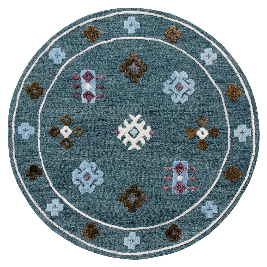 396253 5 ft. Round Blue Bordered Motif Area Rug
